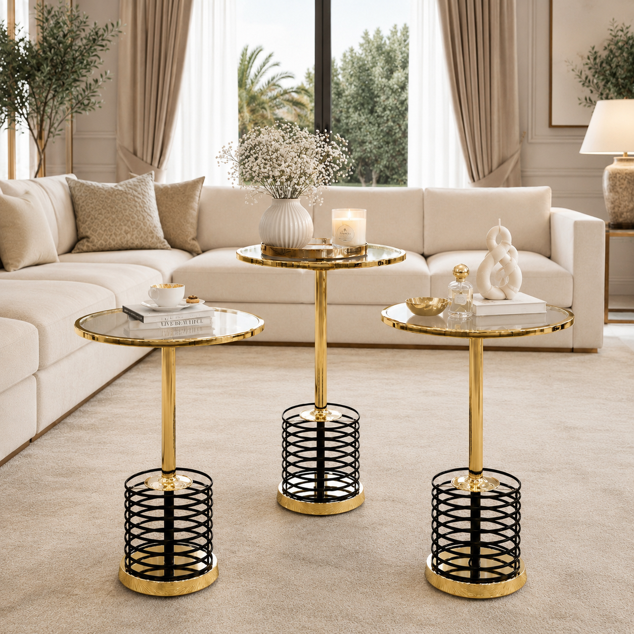 طقم 3 طاولات ذهبي معئ أسود  خدمة فاخرة – تصميم عصري بلمسة ملكية – 3-Ta