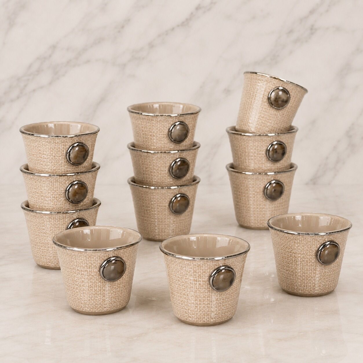 طقم فناجين قهوة عربية - 12 قطعة (بيج محبوك) – Arabic Coffee Cup Set – 