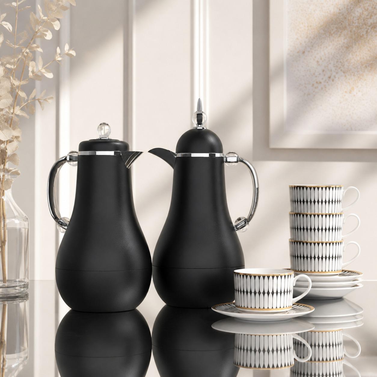 طقم ترامس (ثلاجات قهوة وشاي) لون اسود مع فضي 1.0 لتر – Tea & Coffee Th