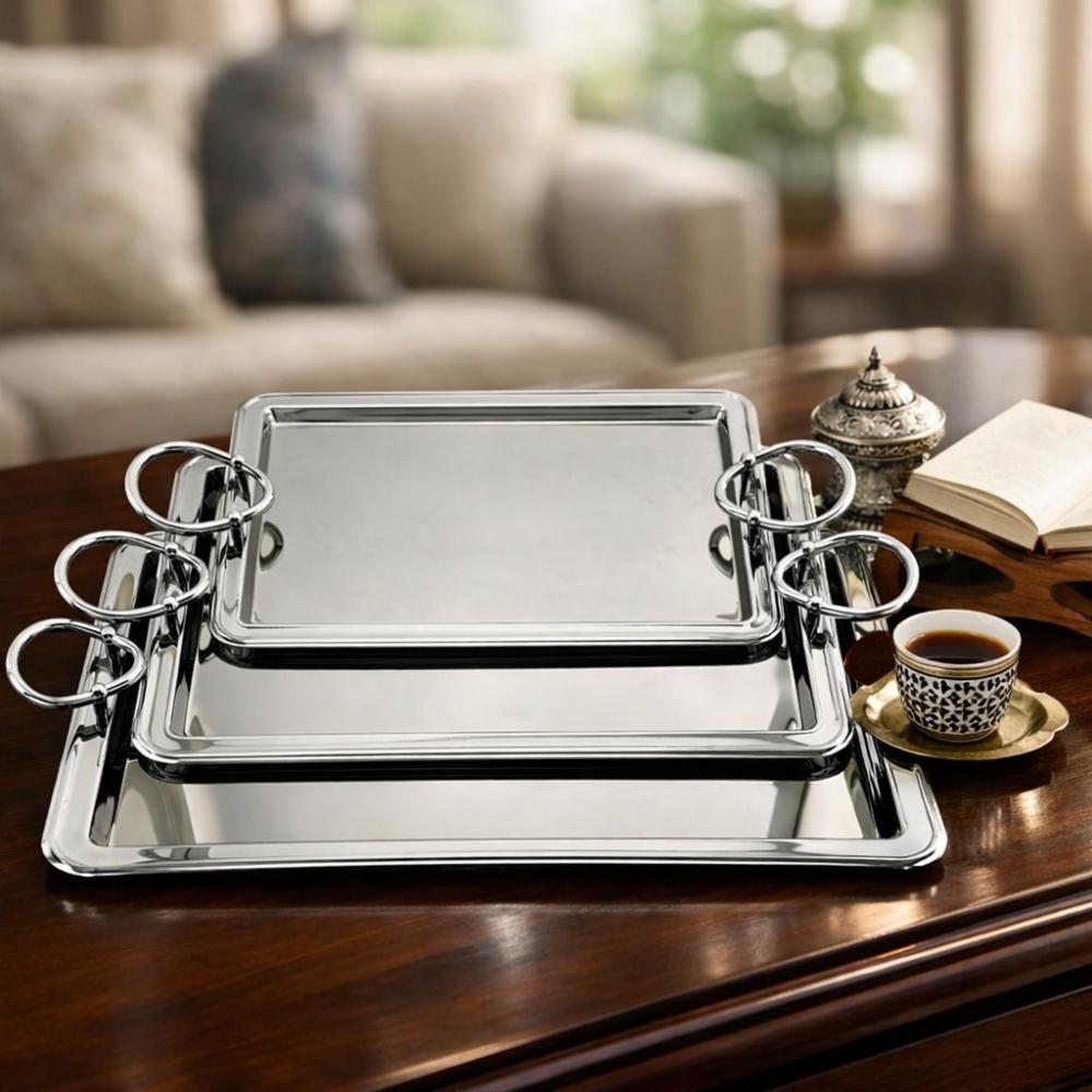 طقم صواني ستيل بتصميم فخم - 3 حبة - لضيافة راقية – Luxury Serving Tray