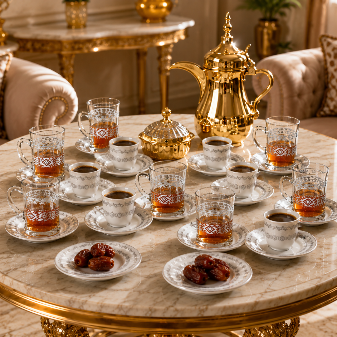 طقم ضيافة فاخر بنقوش عربية أنيقة 36 قطعة – – Luxury Arabic Engraved Ho