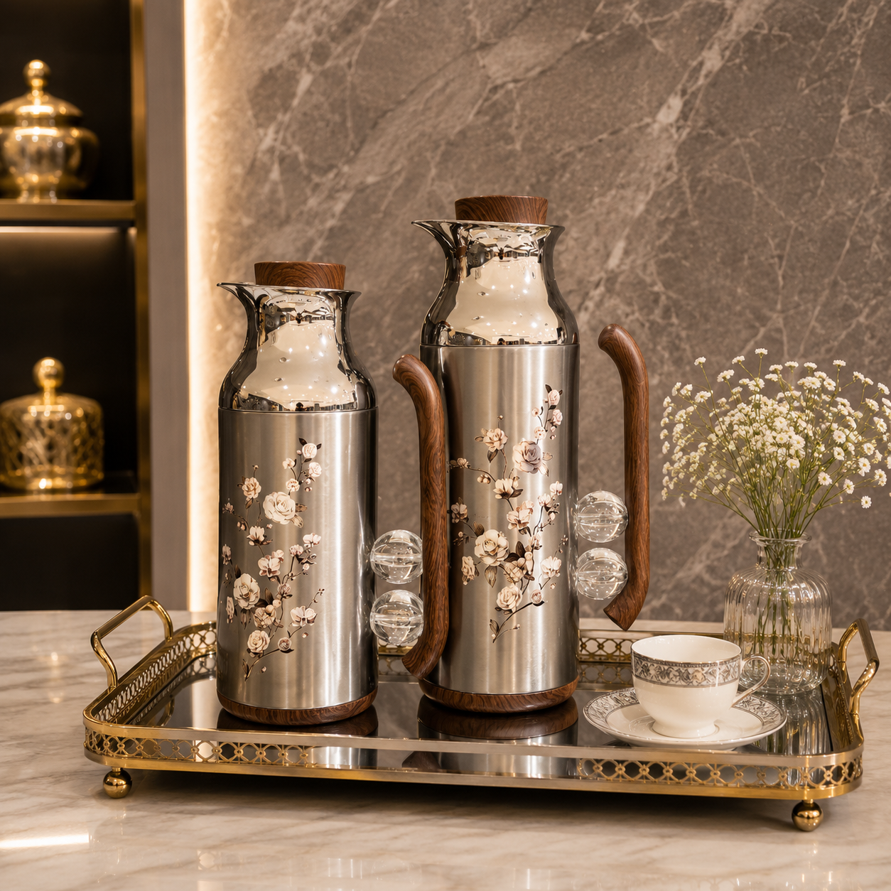 طقم ترامس فاخر ستانلس ستيل – سعة 1+1 لتر – – Luxury Stainless Steel Th