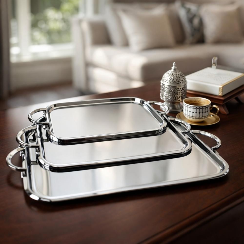 طقم صواني ضيافة ستيل 3 حبة – أناقة المجالس – فضي – Luxury Serving Tray