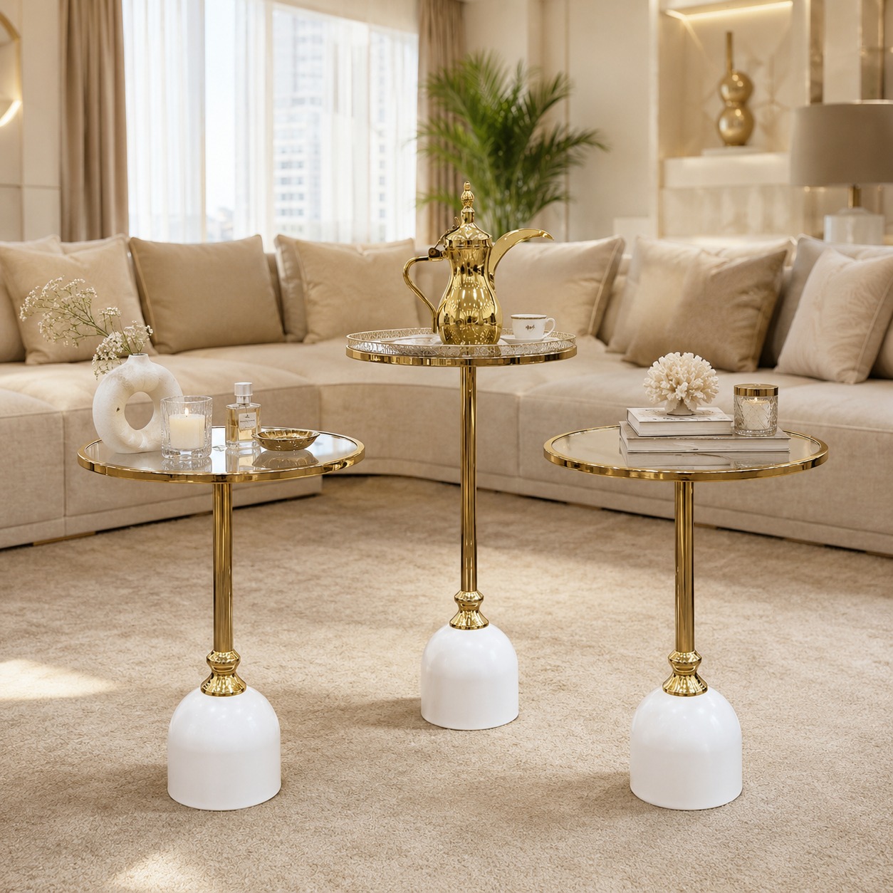طقم 3 طاولات ابيض ذهبي  خدمة فاخرة – تصميم عصري بلمسة ملكية – 3-Table 