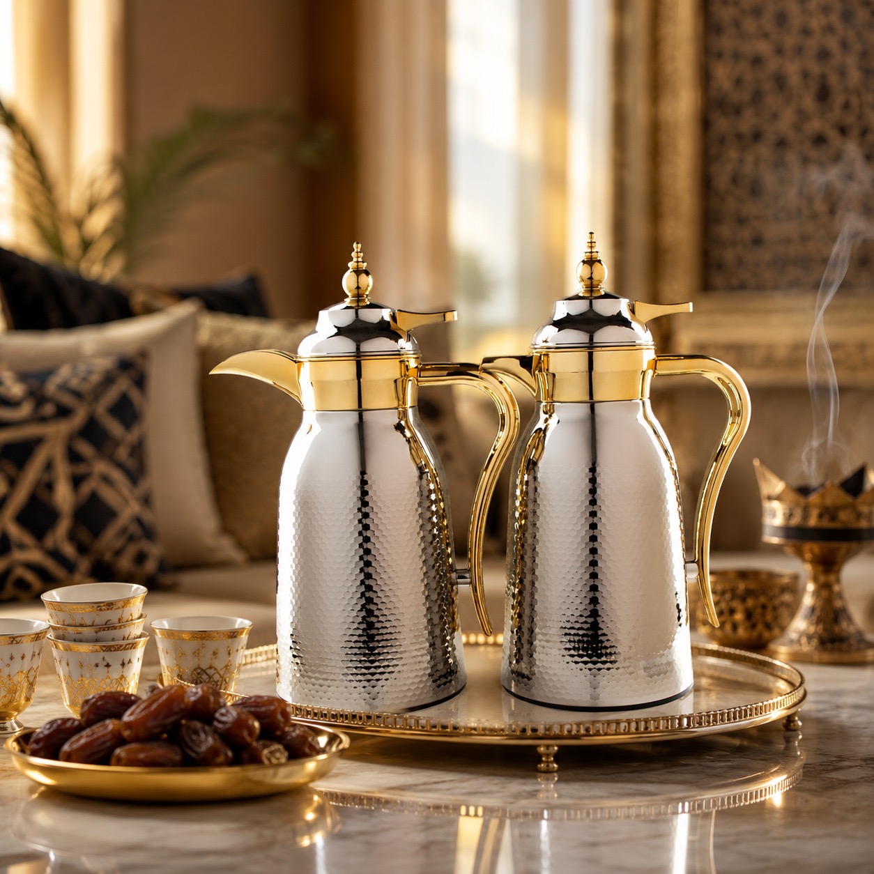 طقم ترامس فاخر باللون الفضي اللامع مع تفاصيل ذهبية أنيقة – Luxury Ther