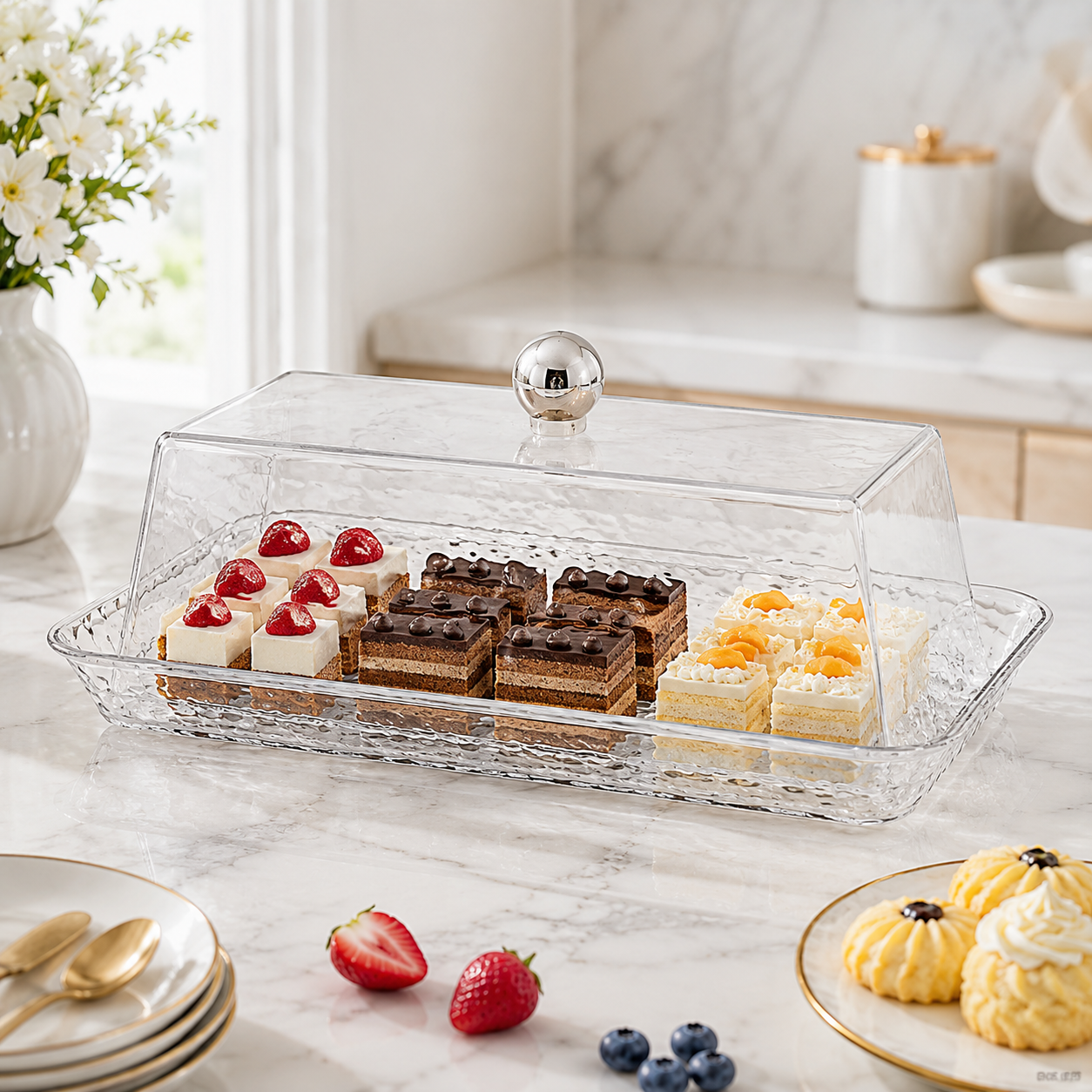 حافظة كيك وحلويات شفافة فاخرة بمقابض جانبية عملية – Luxury Clear Cake 