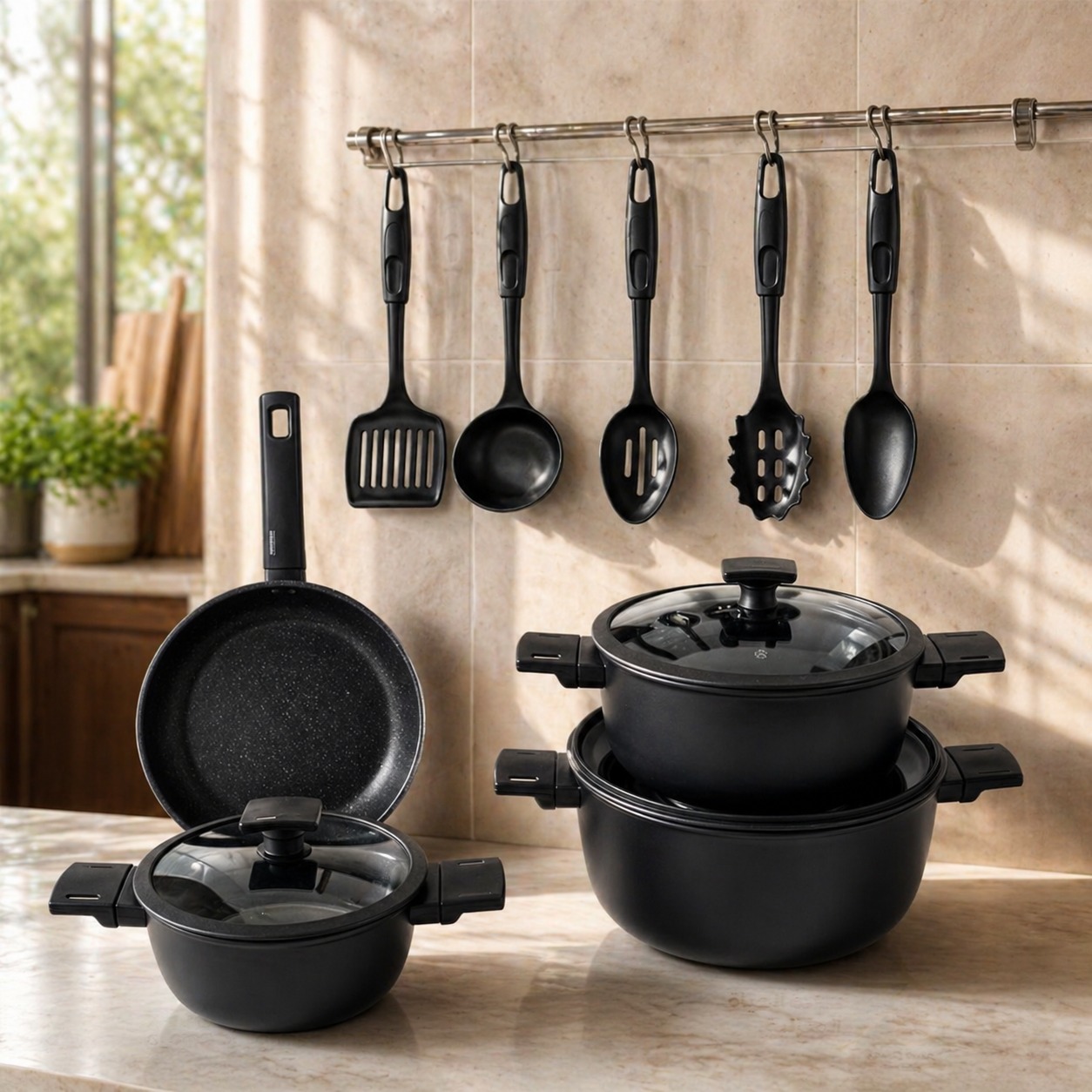 طقم قدور جرانيت بالون الاسود مكون من 12قطعه – Granite Cookware Set
