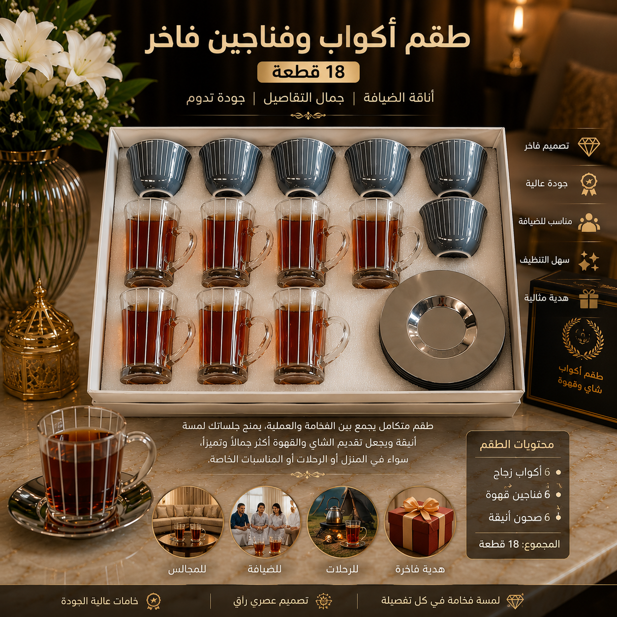 طقم كاسات  وفناجين فاخر 18 قطعة – – Premium Cups & Glasses Hospitality