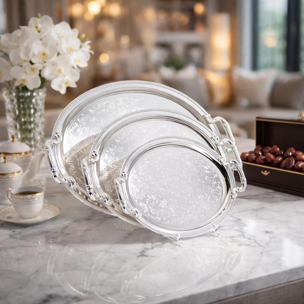 طقم صواني ضيافة ستيل بيضاوي فضي 3 حبة – تصميم أنيق وفاخر – Luxury Serv