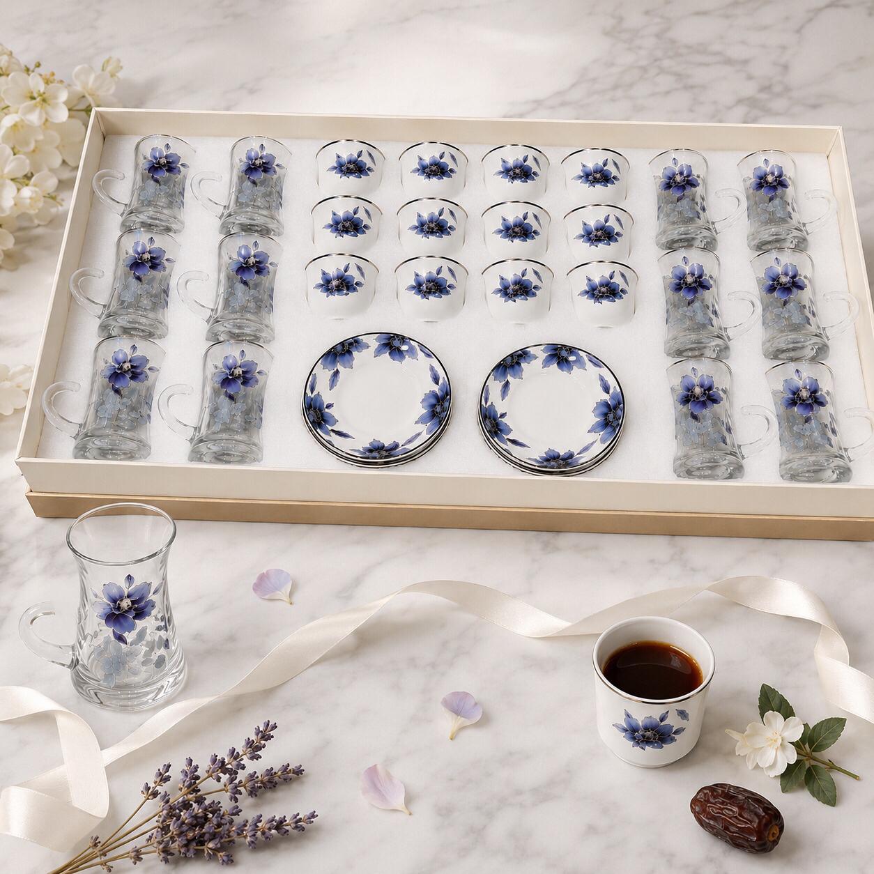طقم كاسات وفناجين فاخر 36 قطعة – أزرق – Premium Cups & Glasses Serving