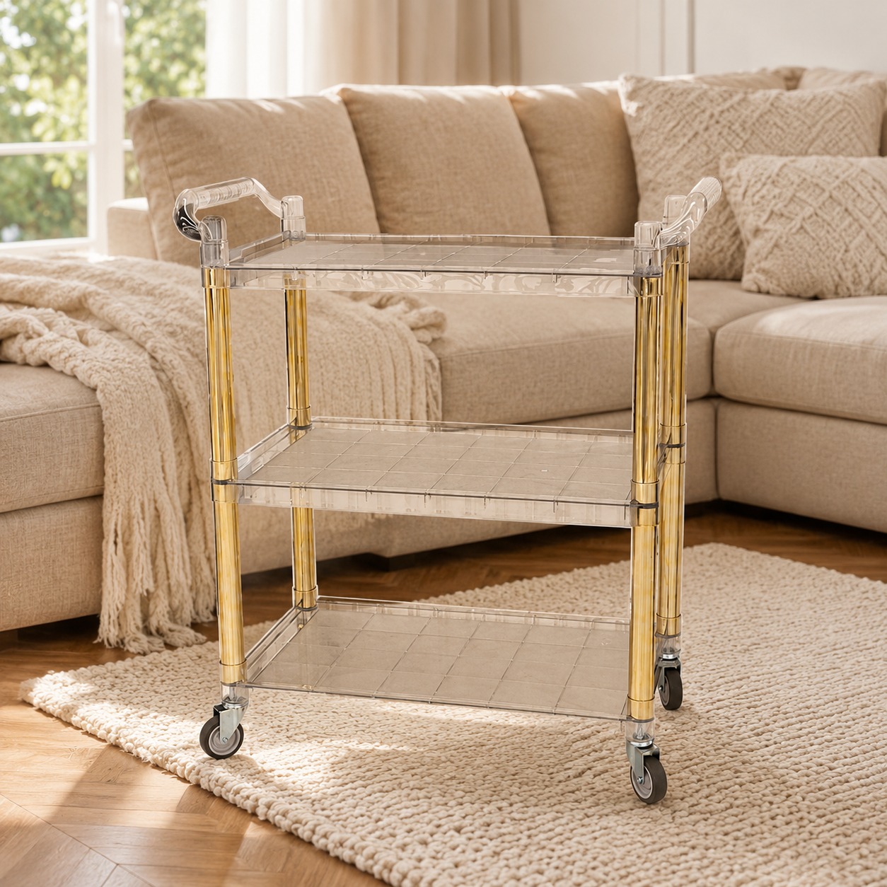 عربة تقديم لون ذهبي 3 دور – 3-Tier Mobile Serving Trolley – Gold