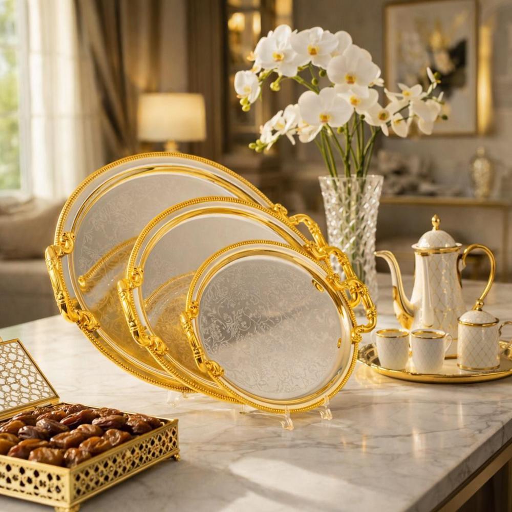 طقم صواني ضيافة ستيل فضي بلمسات ذهبية 3 حبة – تصميم راقٍ – Luxury Serv