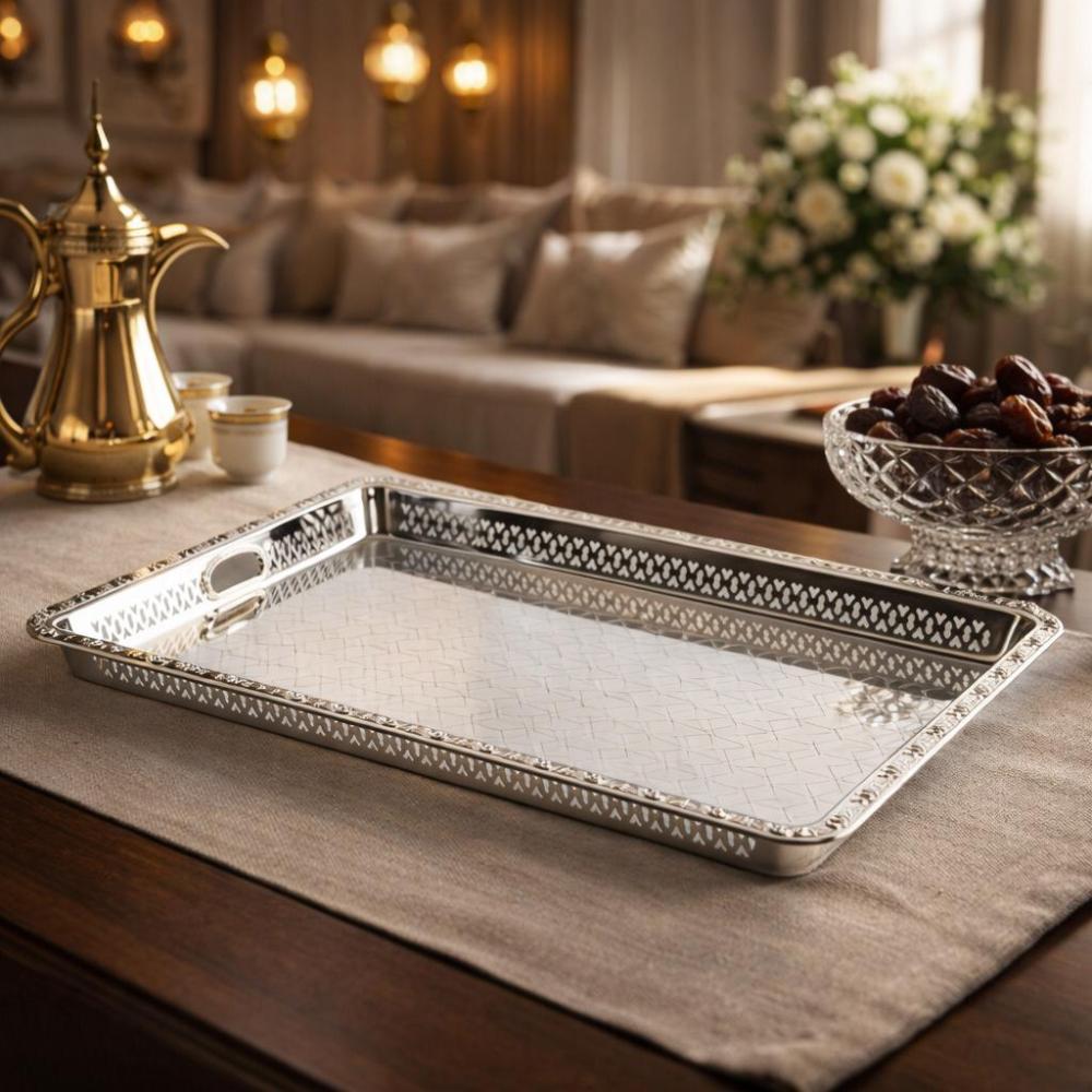 صينية تقديم ستيل فضي مزخرف – تصميم فاخر وأنيق للضيافة – Luxury Serving