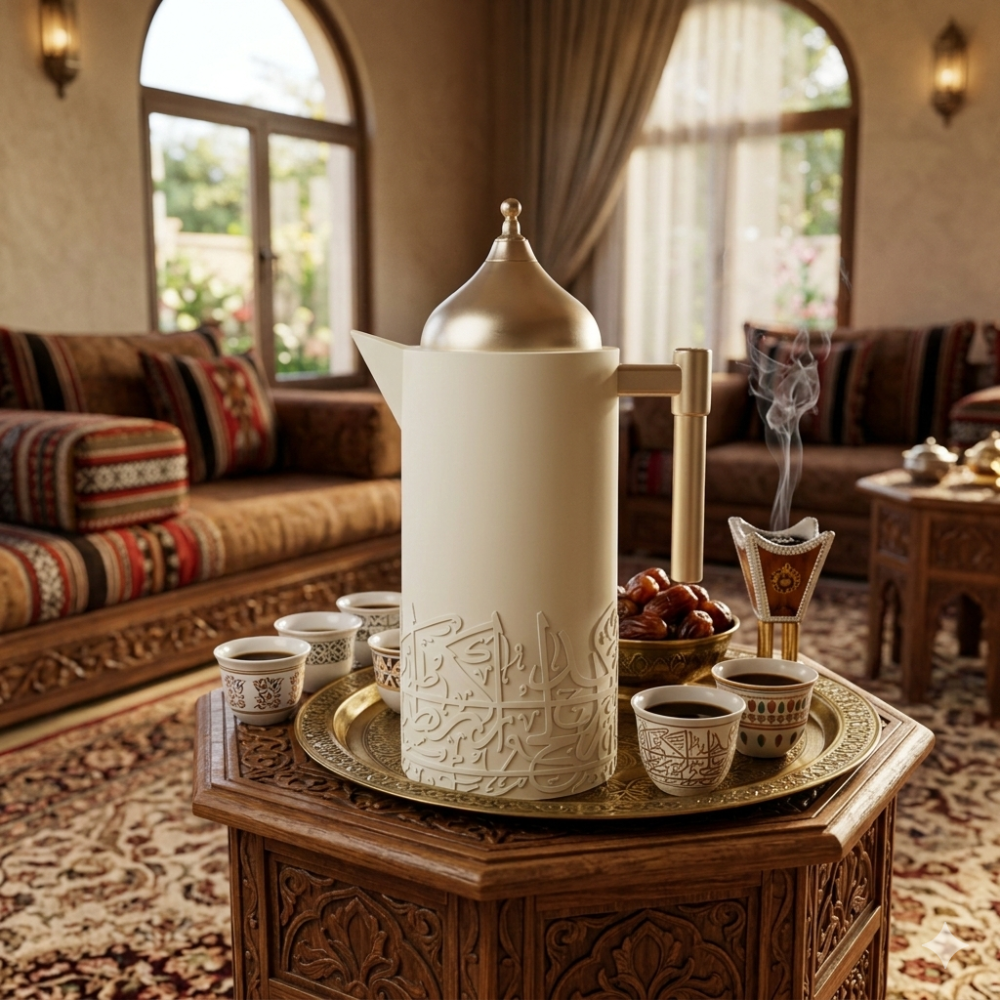 طقم ترمس شاي وقهوة 1 لتر بنقشة ذهبية 2 حبة – بيج – Tea & Coffee Thermo