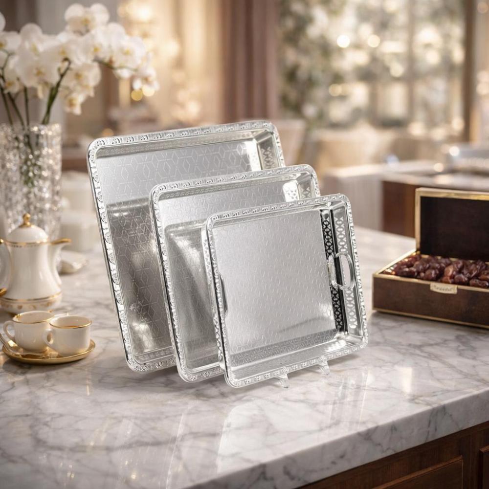 طقم صواني ضيافة ستيل 3 حبة مزخرف – تصميم فخم للمجالس – Luxury Serving 