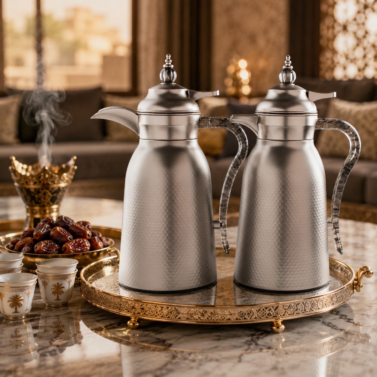 طقم ترامس فضي فاخر بتصميم مطفي أنيق ونقشة هندسية راقية – Luxury Thermo