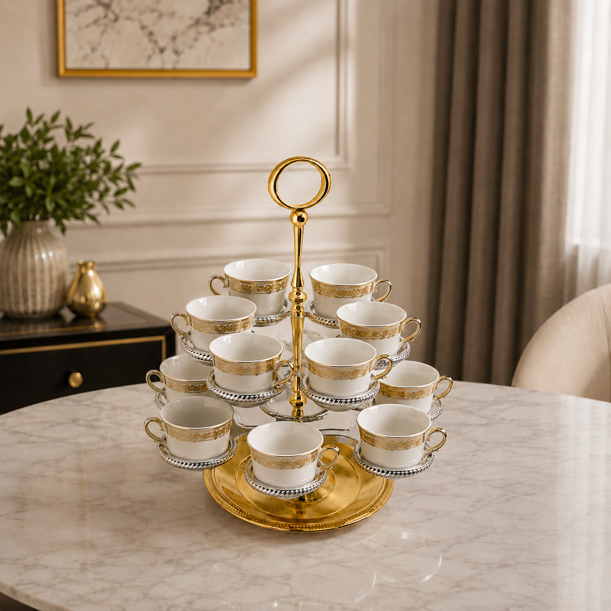 ستاند تقديم فناجين فاخر بتصميم ملكي راقٍ ذهبي سلفر – Luxury Cup Stand 