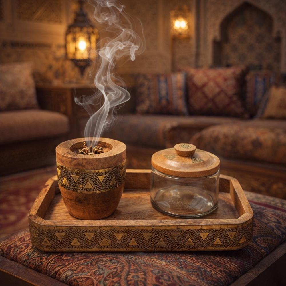 طقم مبخرة خشبية مع صينية - بنقوش راقية وعصرية – Luxury Serving Tray