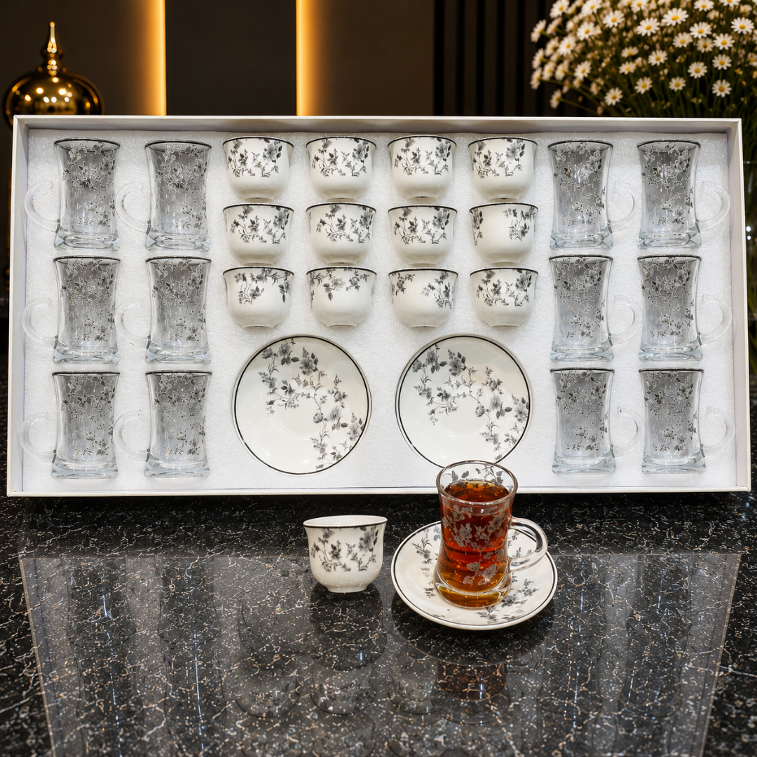 طقم  كاسات وفناجين ضيافة فاخر 36 قطعة بنقوش عربية أنيقة – Luxury Arabi