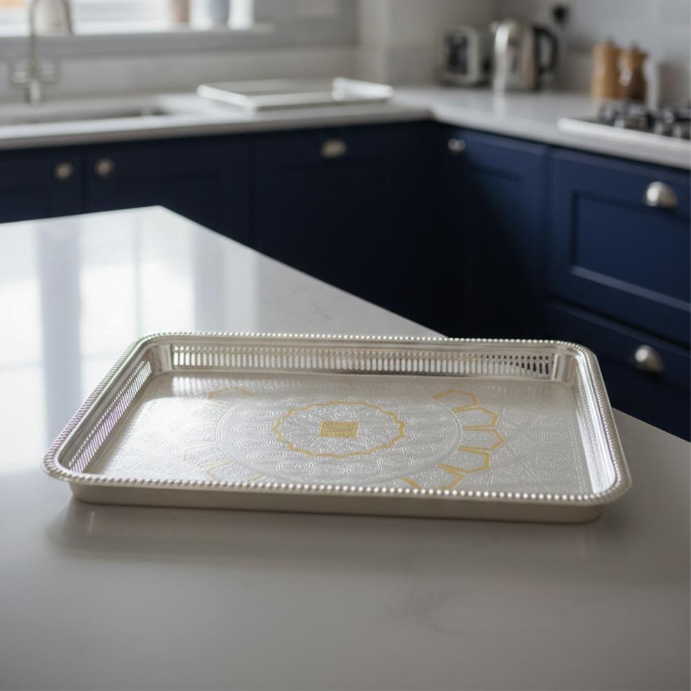 صينية تقديم ستيل بنقشة راقية لون ذهبي * فضي – Luxury Serving Tray - Go