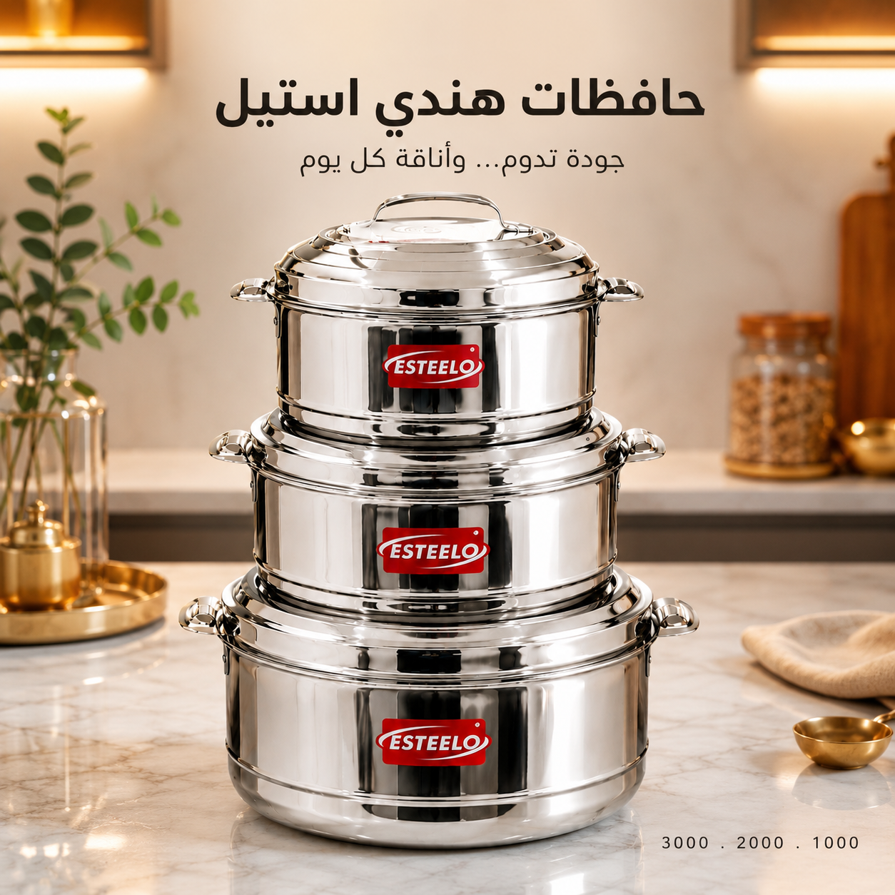 حافظات طعام استيل هندي 3قطع 3000 / 2000 / 1000 – Indian Stainless Stee