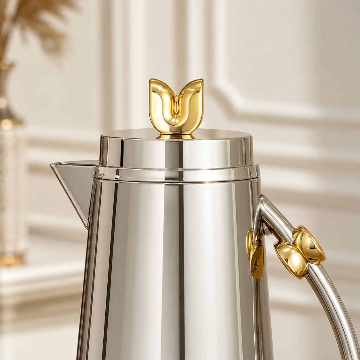 طقم ترامس استيل فضي بلمسات ذهبية فاخرة 1+1 لتر – Luxury Thermos Set – 