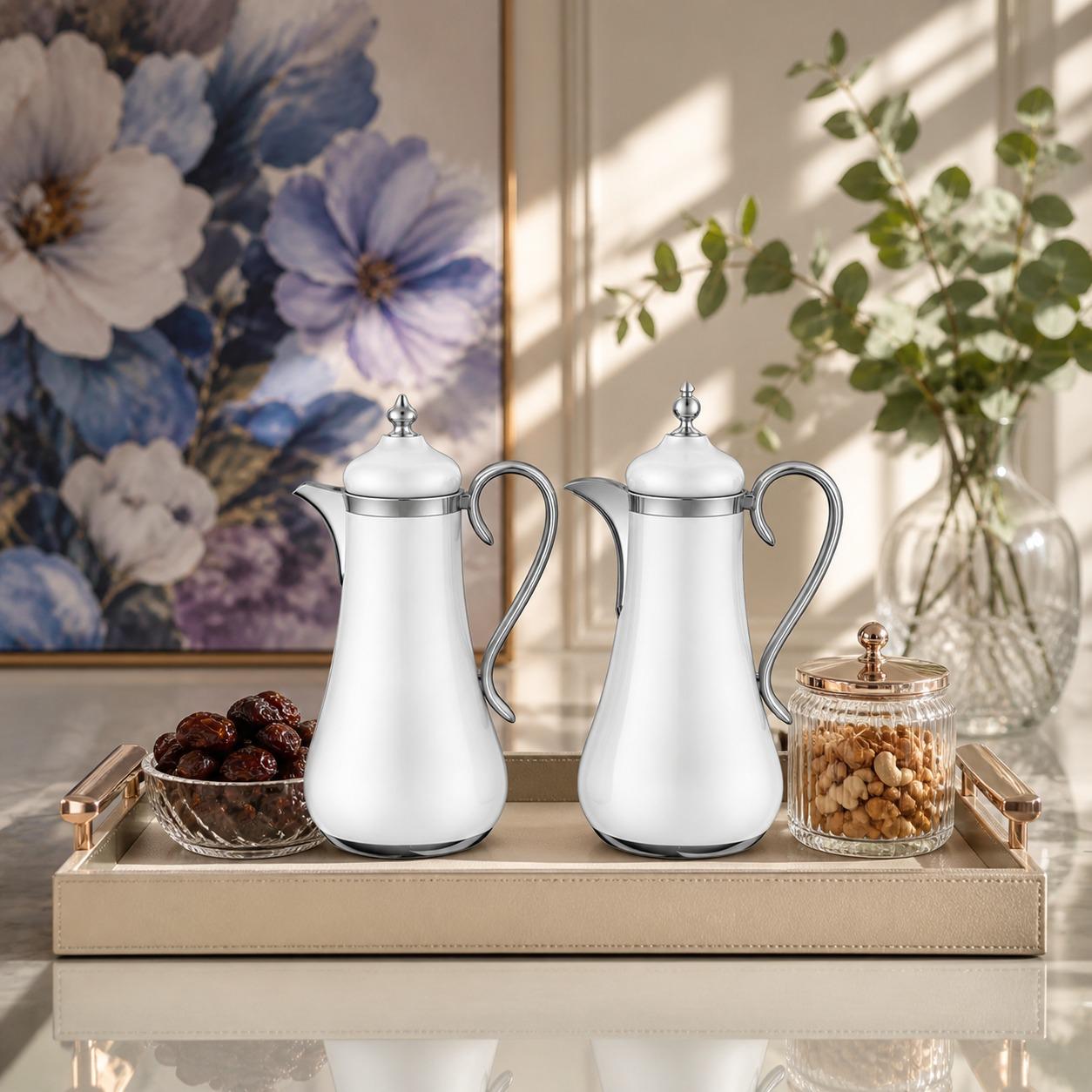 طقم ترامس (ثلاجات قهوة وشاي) لون ابيض مع فضي 1.0 لتر بتصميم – Tea & Co
