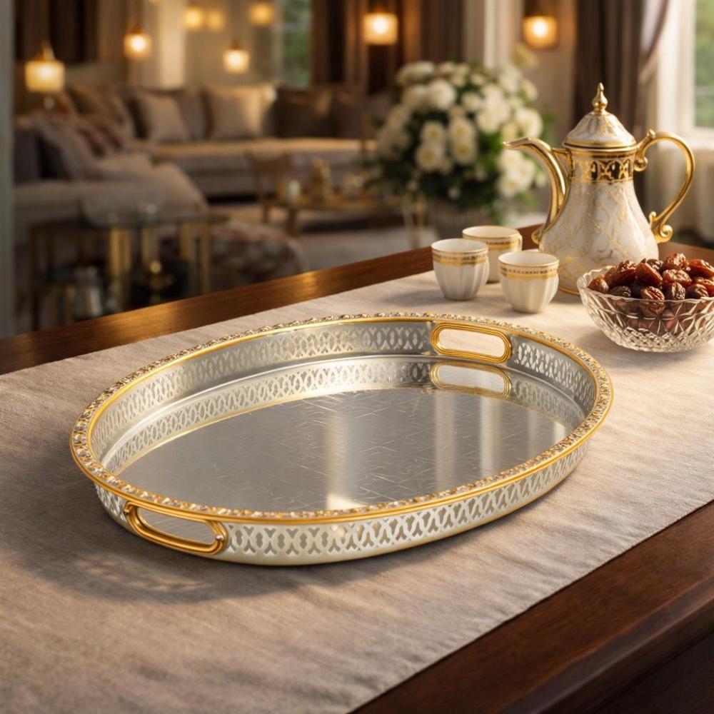 صينية تقديم ستيل بيضاوي فضي مزخرف ذهبي – تصميم فاخر وأنيق – مقاس كبير 