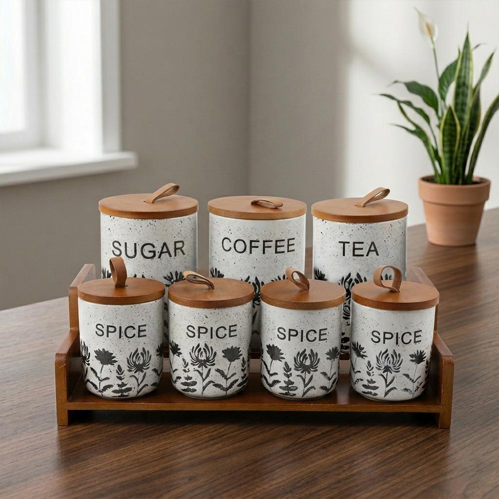 طقم توابل 13 قطعة بورسلين بغطاء خشب مع حامل متين – Porcelain Spice Set