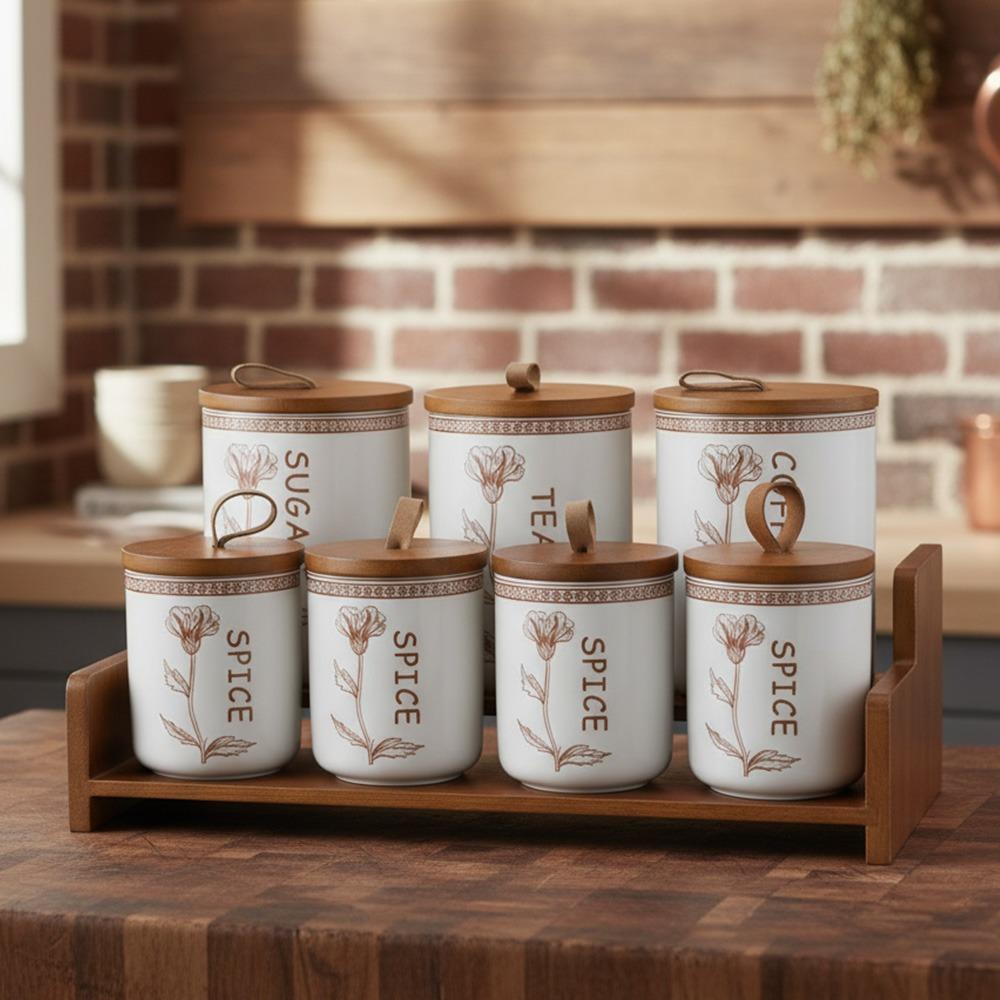 طقم بهارات بورسلين 14 قطعة -مع حامل خشبي - لتنظيم المطبخ – Porcelain S