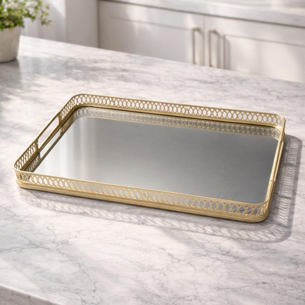 صينية تقديم ستيل بقاعدة مرايا لون ذهبي – Luxury Serving Tray - Gold
