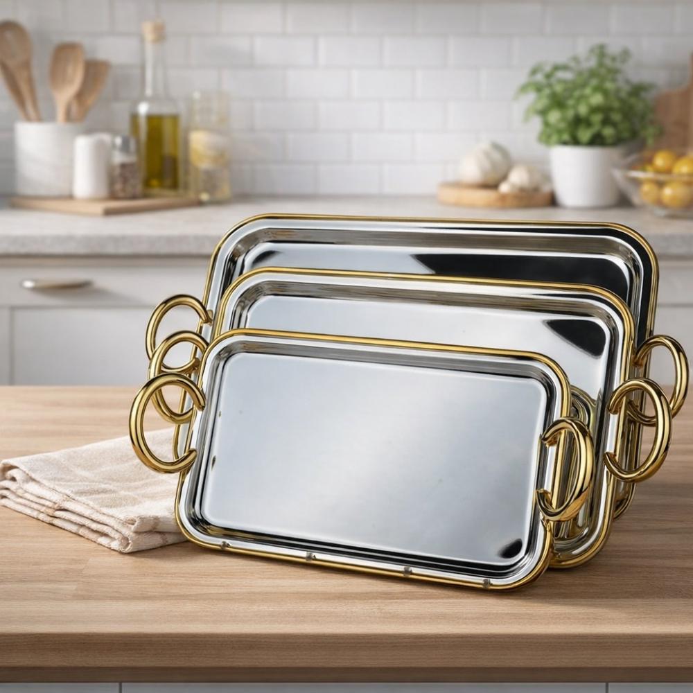 طقم تباسي ٣ قطع فضي ذهبي بتصميم عصري – Luxury Serving Tray - Silver Go