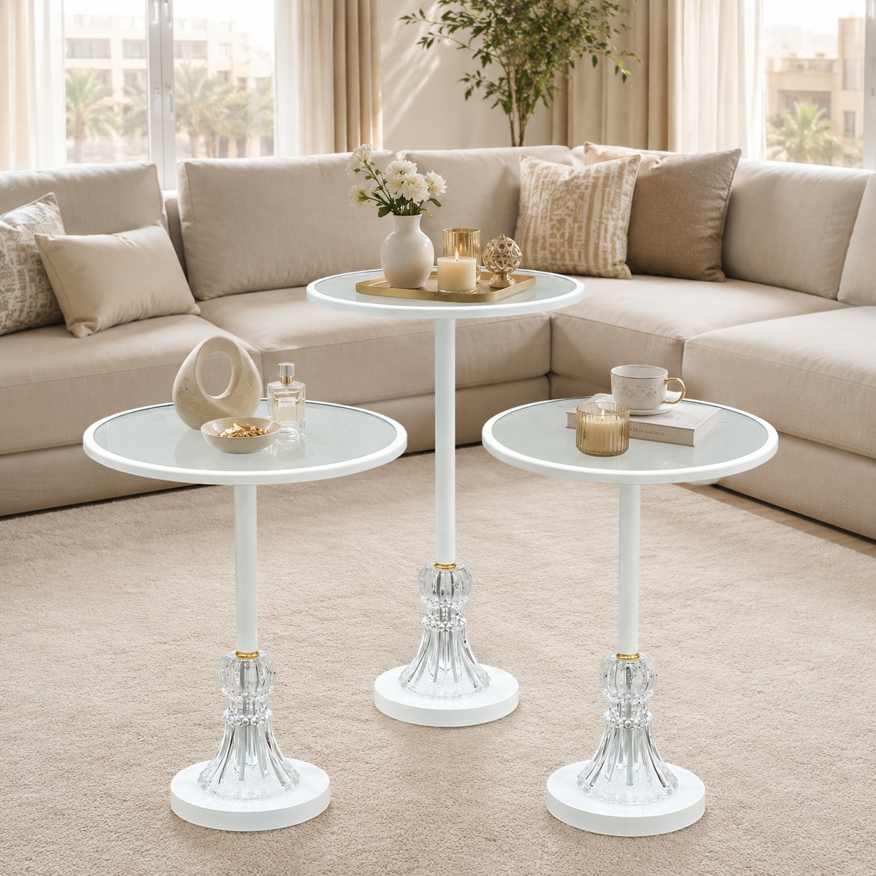 طقم 3 طاولات أبيض خدمة فاخرة – تصميم عصري بلمسة ملكية – 3-Table Set Wh