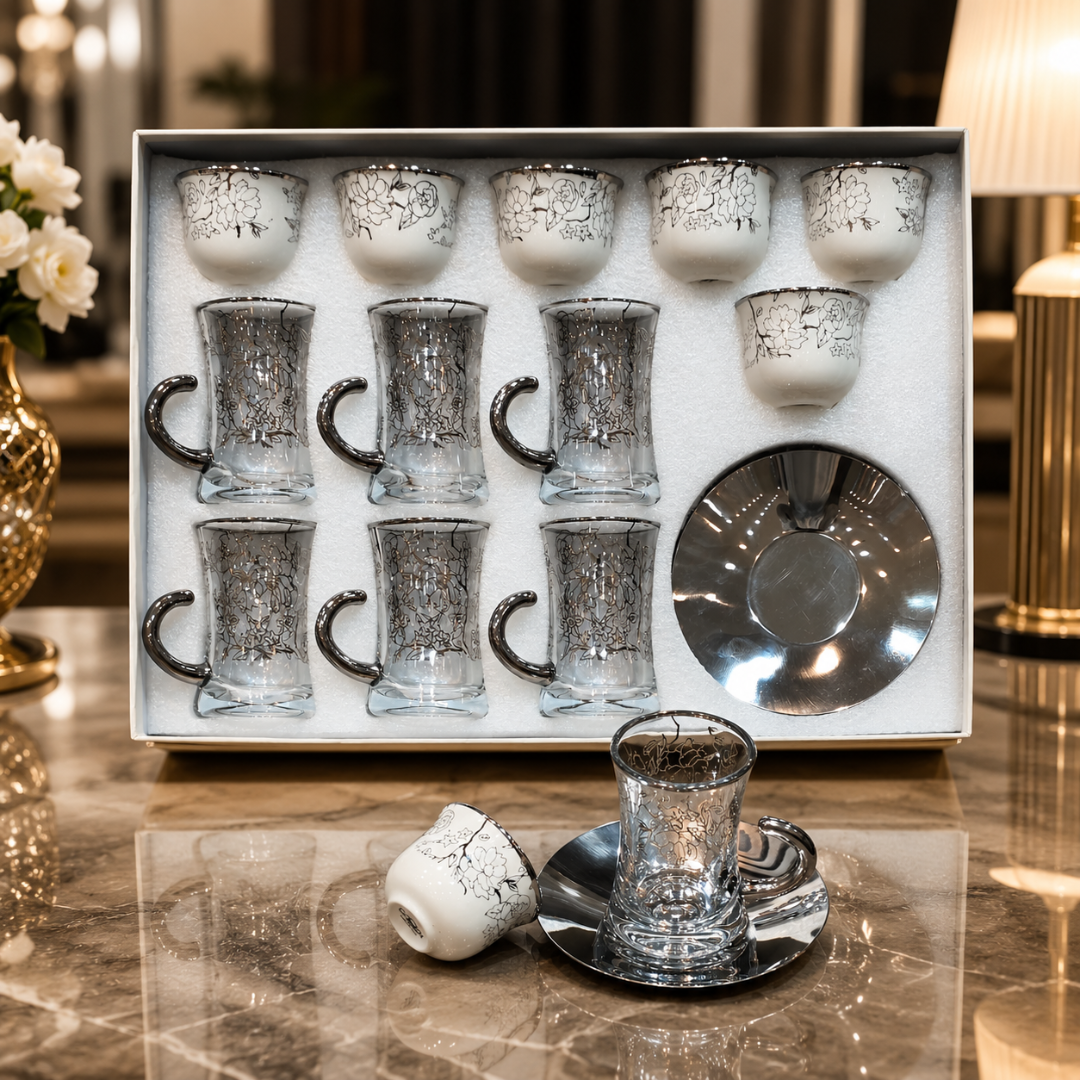 طقم ضيافة فاخر بنقوش عربية مزخرفة – 18 قطعة – Luxury Arabic Pattern Ho