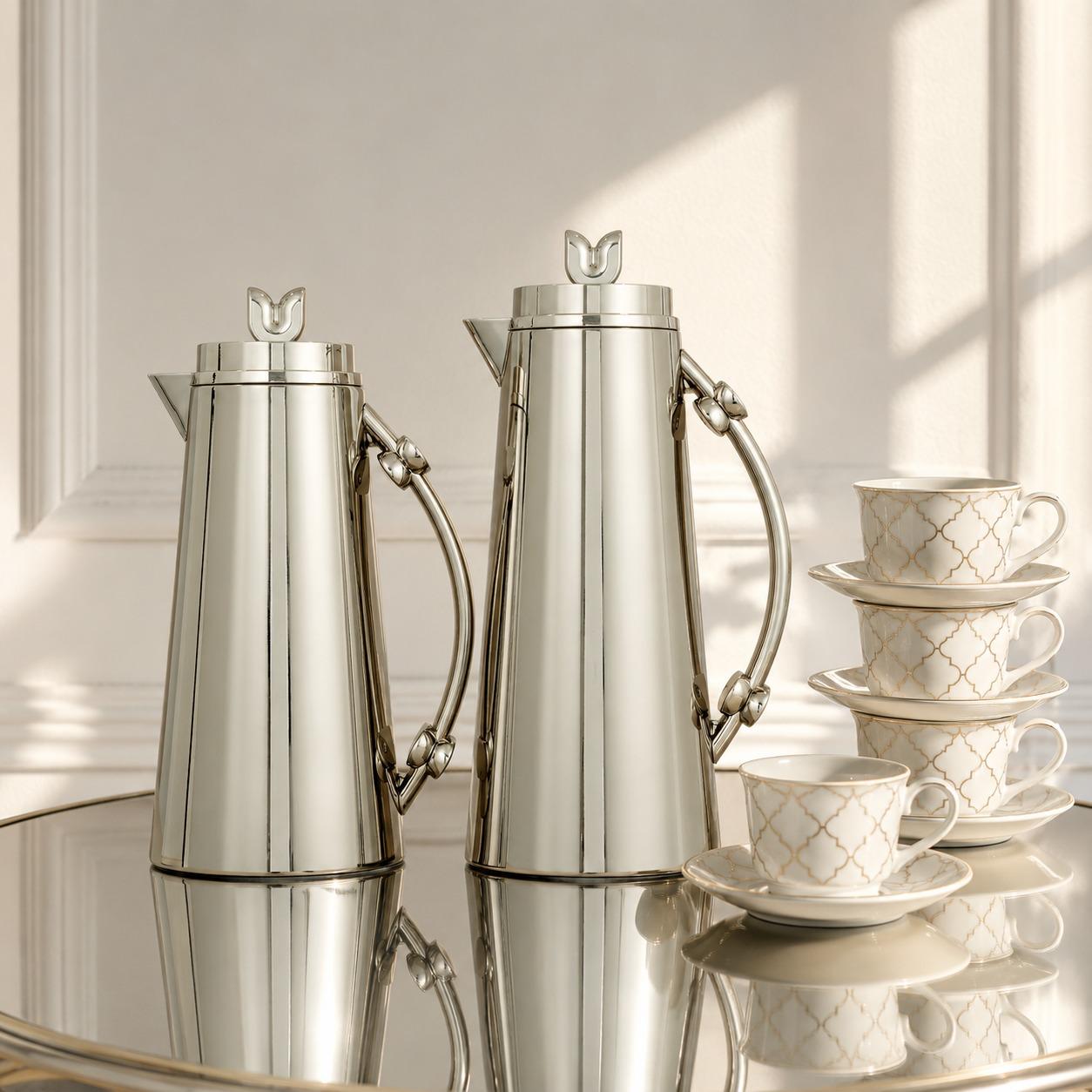طقم ترامس فضي دافئ لامع فاخر 1+1 لتر للعيد – Luxury Eid Thermos Set – 