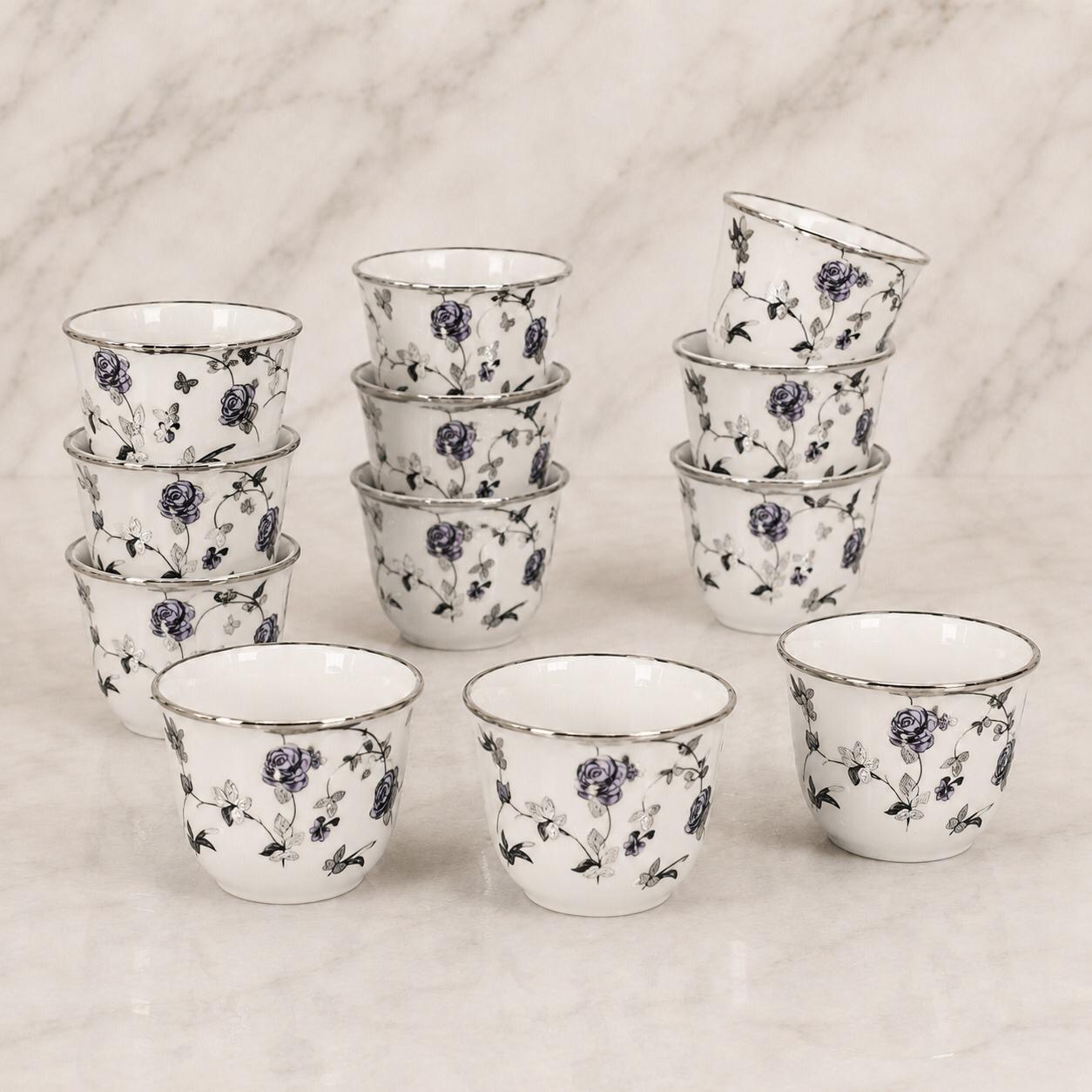 طقم فناجين سيراميك بنقشة الورود البنفسجية – 9 قطع – Ceramic Coffee Cup