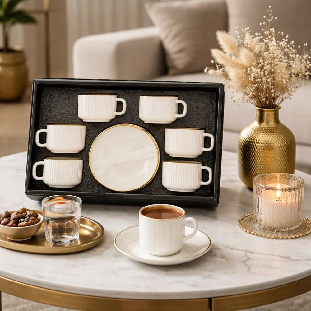 طقم فناجين مع اطباق 12 قطعة -لون ابيض - فخمة للضيافة – Porcelain Coffe