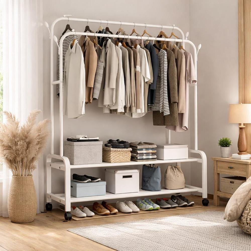 ستاند ملابس متحرك   - مع 2 رف سفلي - تصميم متناسق – Metal Clothes Rack