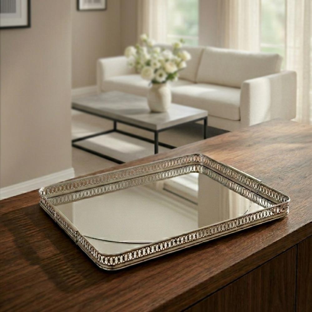 صينية تقديم ستيل بقاعدة مرايا لون فضي – Luxury Serving Tray - Silver