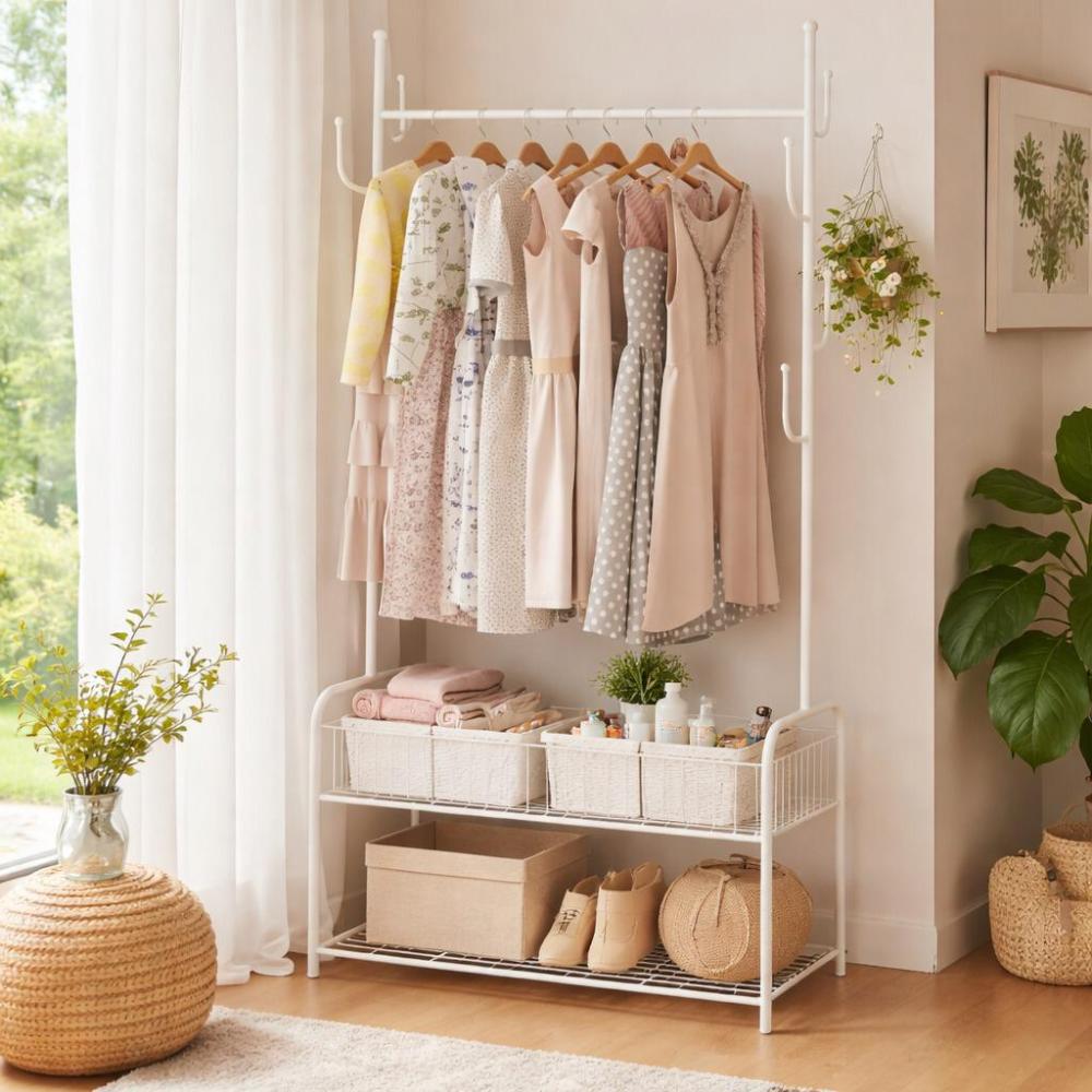 ستاند ملابس عصري مع رفين سفليين – أسود – Metal Clothes Rack