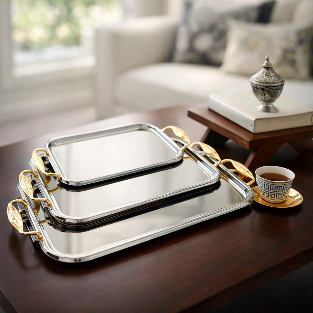 طقم صواني ستيل 3 حبة تصميم راقٍ – فضي – Luxury Serving Tray