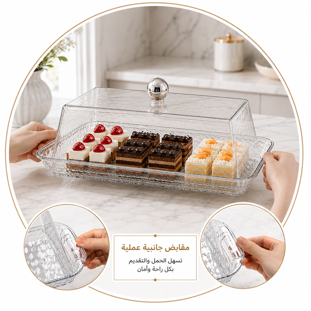 حافظة كيك وحلويات شفافة فاخرة بمقابض جانبية عملية – Luxury Clear Cake 
