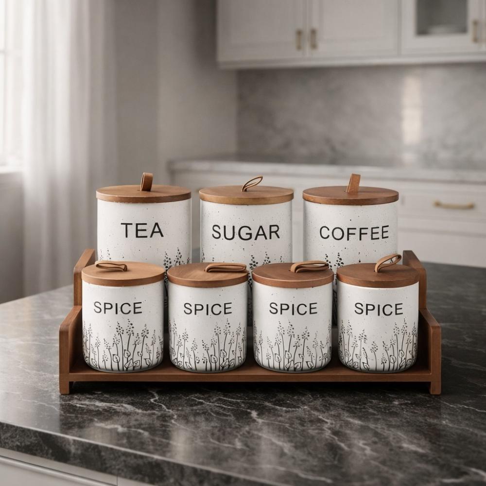 طقم بهارات بورسلين مكون من 14 قطع مع ستاند وغطاء خشب – Porcelain Spice