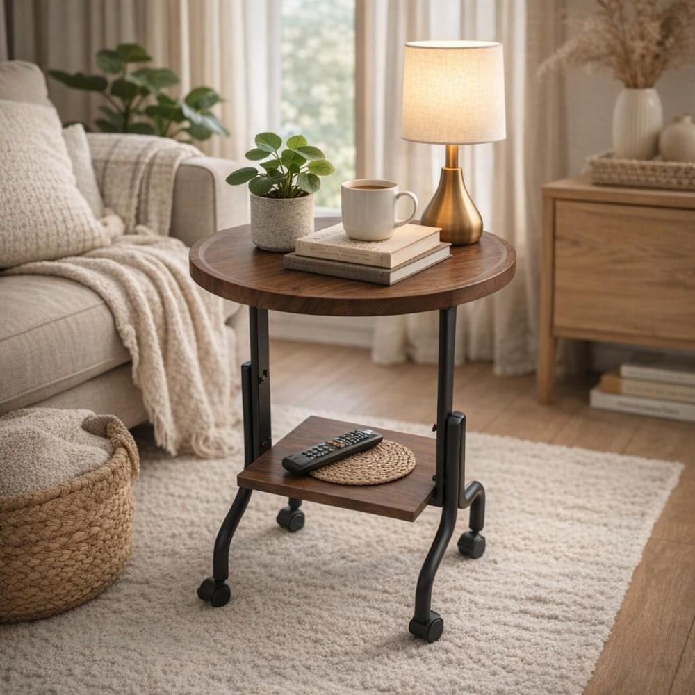 طاولة جانبية خشب برف وقواعد دوارة لون بني – تصميم عملي – Modern Table 