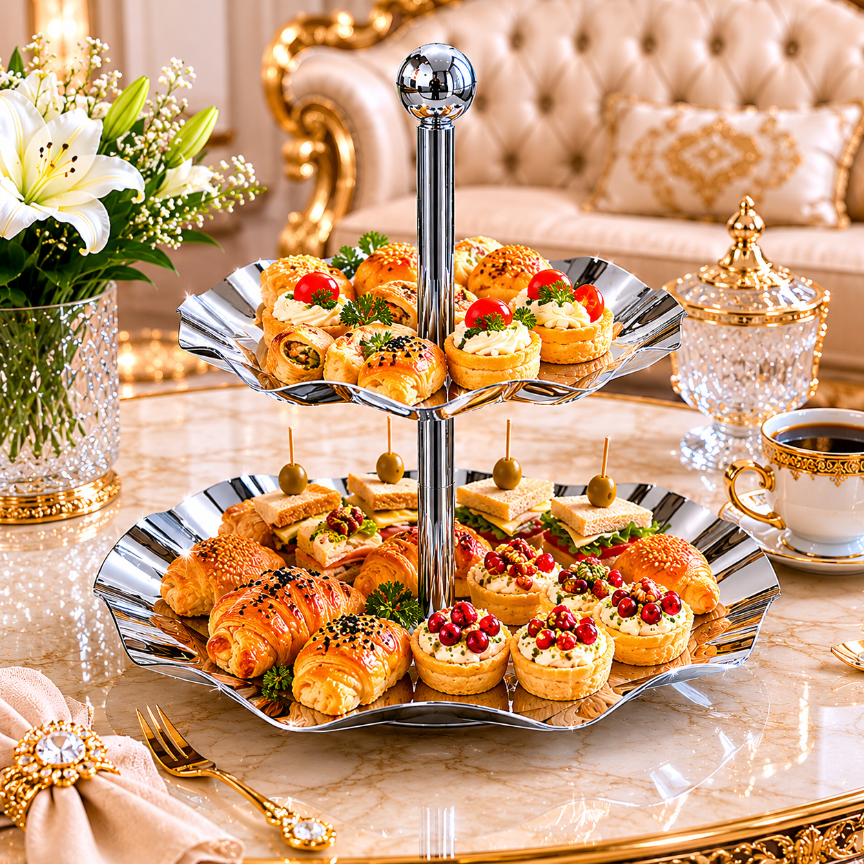 شيّالة حلا استيل فاخرة بطبقتين – Luxury Double-Tier Steel Cake Stand