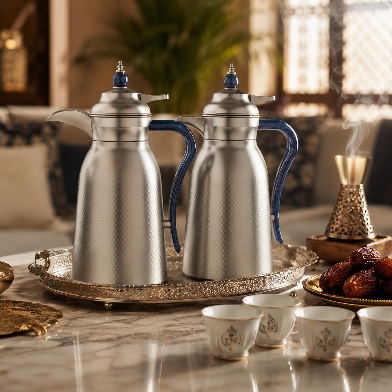 طقم ترامس فضي فاخر بتفاصيل زرقاء أنيقة وتصميم مطفي راقٍ – Luxury Therm