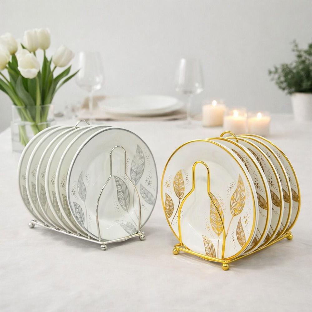 طقم سفرة بورسلين 14 قطعة - مع حامل معدني - نقوش مميزة – Porcelain Dinn