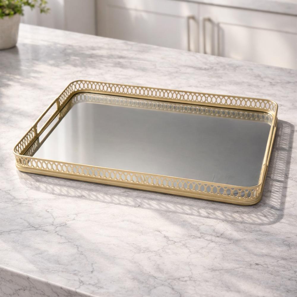 صينية تقديم ستيل بقاعدة مرايا لون ذهبي – Luxury Serving Tray - Gold