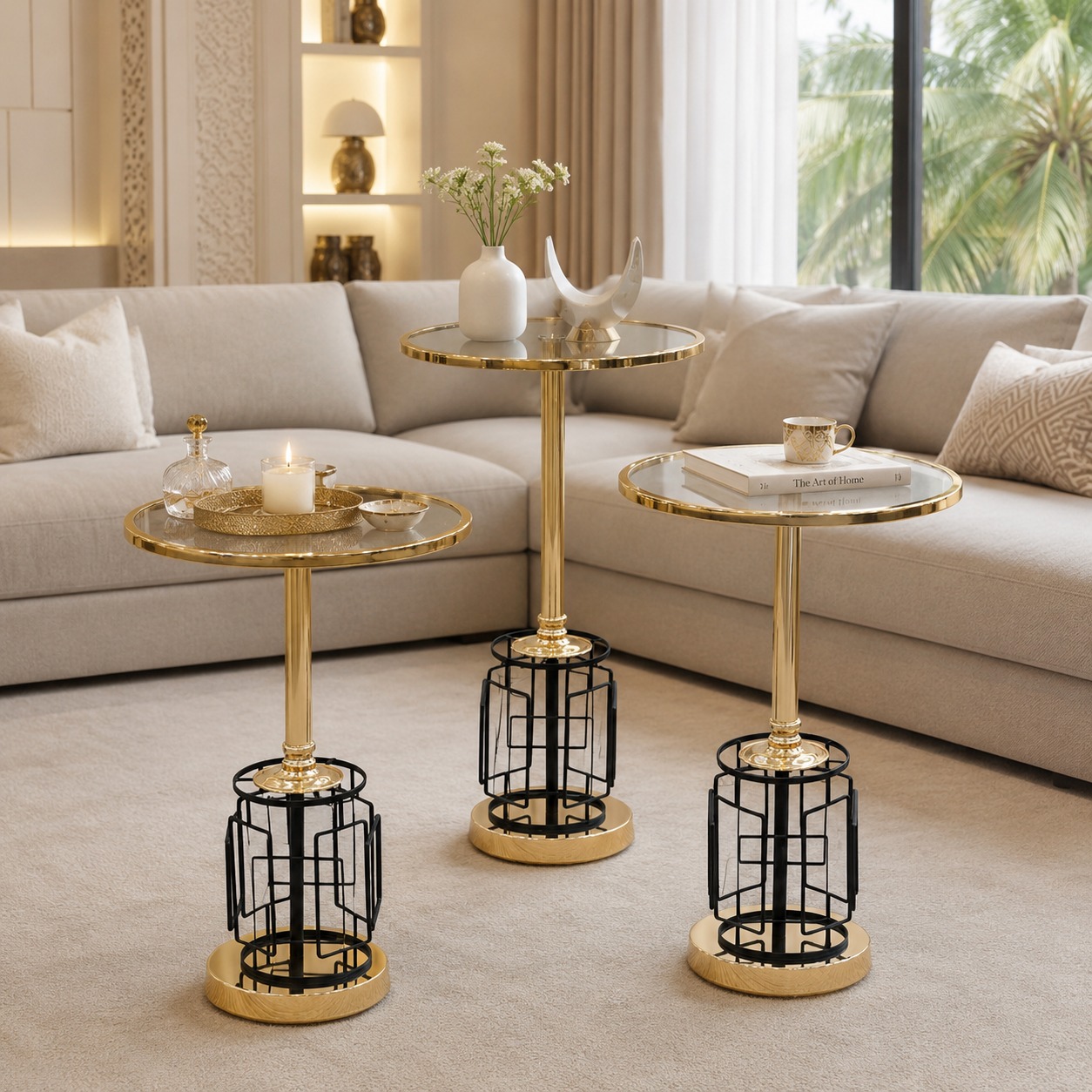 طقم 3 طاولات ذهبي معئ أسود خدمة فاخرة – تصميم عصري بلمسة ملكية – 3-Tab