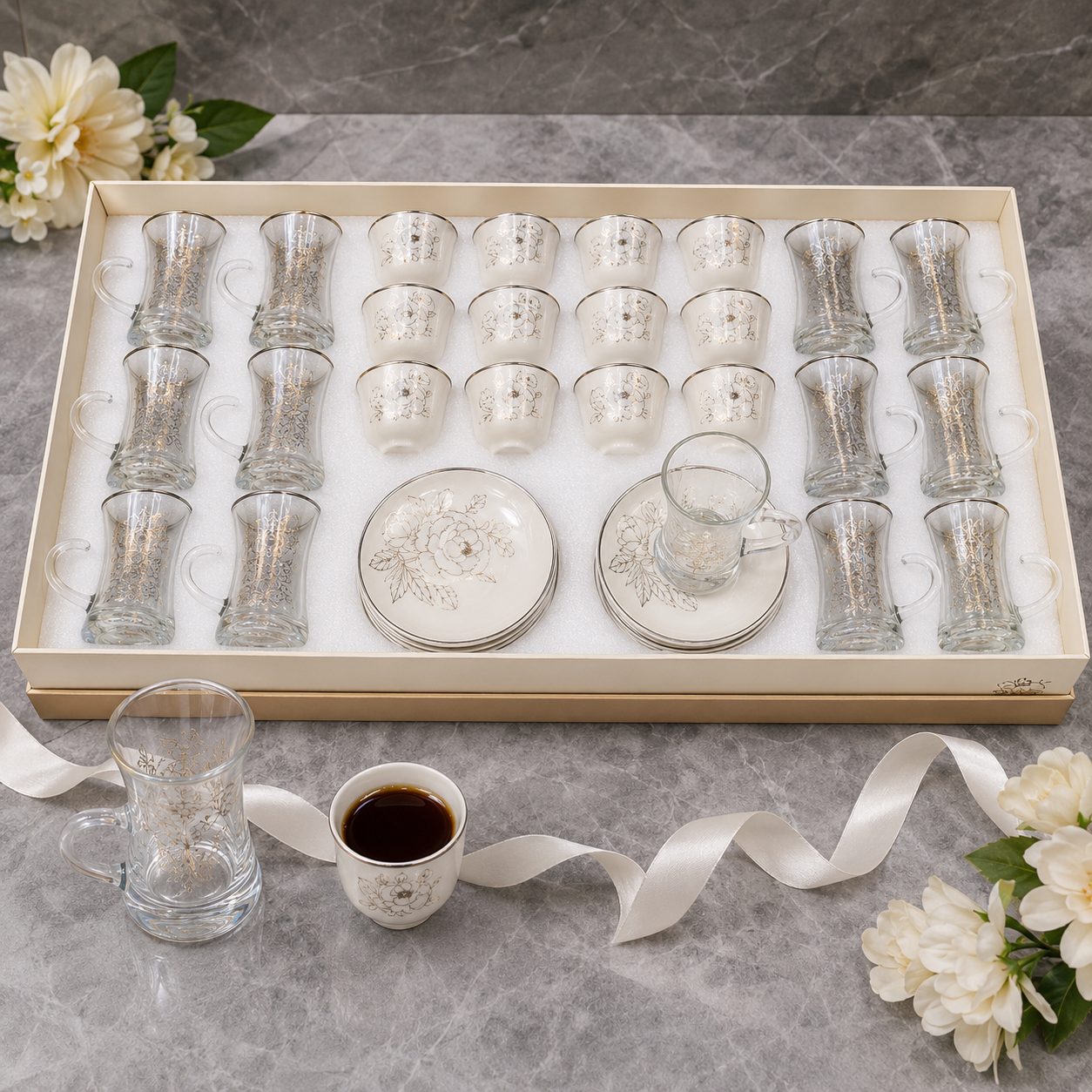 طقم كاسات وفناجين 36 قطعة – أبيض – Premium Cups & Glasses Serving Set 